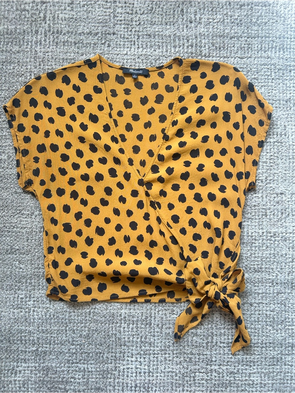 Madewell Camel and Black Polka Dot Tie-Side V-Neck Top